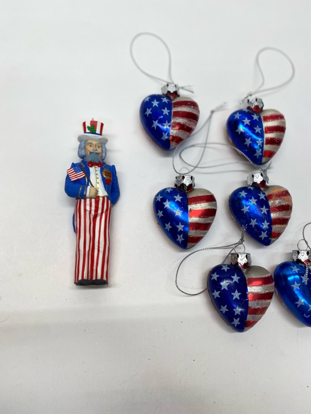Patriotic Heart Ornament Set of 8 1 Uncle Sam Nutcracker Ornament Americana 4th - Picture 2 of 15